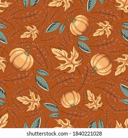 Autumn leaves and pumpkin seamless pattern on light brown background. Hand drawn autumn foliage with cute pumpkin vector background design for wrapping and digital paper.
