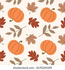Autumn leaves and pumpkin seamless pattern background. Flat style dry foliage in fall season pattern design illustration.