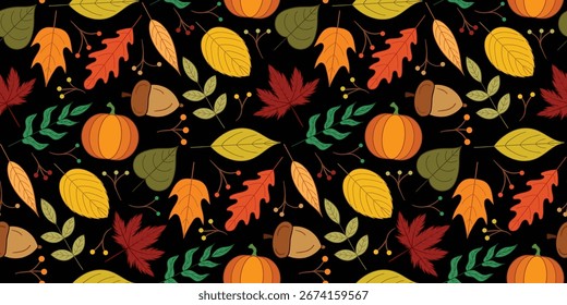 Autumn leaves and pumpkin seamless pattern. Hand drawn fall harvest repeat background for textile, fabric and wallpaper