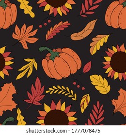 autumn leaves, pumpkin and sunflowers of red, yellow and orange flowers on a dark background in doodle style, vector seamless pattern