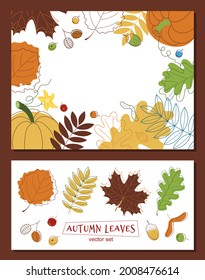 Hojas y calabaza otoñales - marco vectorial y conjunto de hojas. Cartel, pancarta, tarjeta, plantilla de estilo plano. 