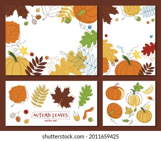 Hojas y calabaza otoñales - marco vectorial y conjunto de hojas. Cartel, pancarta, tarjeta, plantilla de estilo plano. 