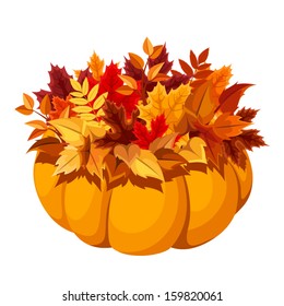 Autumn leaves in pumpkin. Vector illustration.