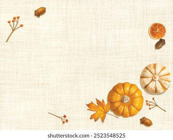 Hojas de otoño y calabazas, bellotas y nueces sobre fondo de Fondo de pantalla de tela beige