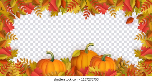 Autumn leaves and pumpkins border frame with space text on transparent background. Seasonal floral maple oak tree orange leaves with gourds for thanksgiving holiday, harvest decoration vector design.