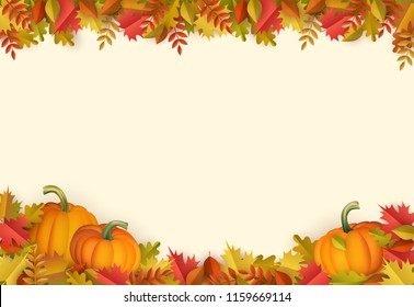 Autumn leaves and pumpkins border frame background with space text . Seasonal floral maple oak tree orange leaves with gourds for thanksgiving holiday, harvest decoration vector design.