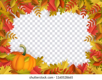 Autumn leaves and pumpkins border frame with space text on transparent background. Seasonal floral maple oak tree orange leaves with gourds for thanksgiving holiday, harvest decoration vector design.