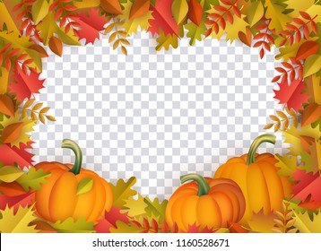 Autumn leaves and pumpkins border frame with space text on transparent background. Seasonal floral maple oak tree orange leaves with gourds for thanksgiving holiday, harvest decoration vector design.