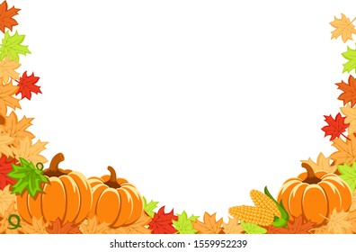 Autumn leaves, pumpkins and corn on a white. Thanksgiving background, place for text.