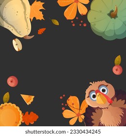 Autumn leaves and pumpkins frame with space