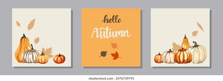 Hojas de otoño y calabazas con patas verdes. Hola, Autumn. Fondos cuadrados. Cosecha. Día de Acción de Gracias. Ilustraciones vectoriales para imprimir en tarjetas para diseño, historias, impresión, embalaje.