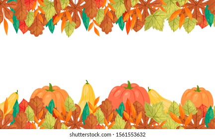 Autumn leaves and pumpkins horizontal banner, vector illustration. Fall season harvest pumpkin vegetable, orange maple foliage poster for autumn leaves themes design with white space.