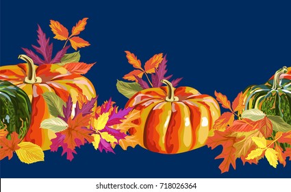 autumn leaves and pumpkins. horizontal seamless pattern