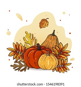 Autumn leaves and pumpkins for postcard, banner, poster. Seasonal rowan and oak leaves with gourds for thanksgiving day, harvest decoration, halloween. Fall season elements. Vector design. Autumn mood