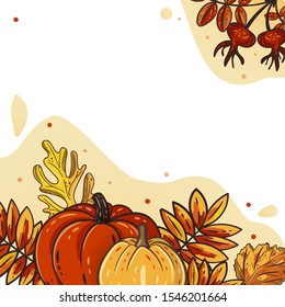 Autumn leaves and pumpkins for postcard, banner, poster. Seasonal rowan and oak leaves with gourds for thanksgiving day, harvest decoration, halloween. Fall season elements. Vector design. Autumn mood