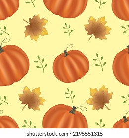 Autumn leaves and pumpkins seamless pattern background, vector illustration