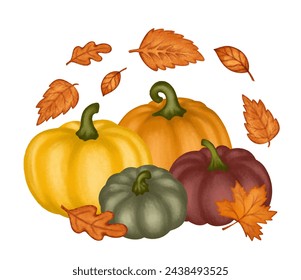 Autumn leaves and pumpkins seasonal fall composition card