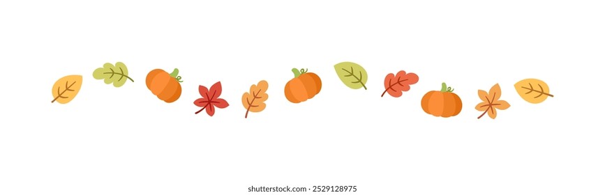 Autumn leaves and pumpkins separator border for Fall and Thanksgiving season. Vector isolated on white background.
