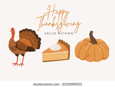 Autumn leaves and pumpkins set isolated white background, thanksgiving elements vector, autumn illustration, hello autumn vector