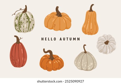 Autumn leaves and pumpkins set isolated white background, thanksgiving elements vector, autumn illustration, hello autumn vector