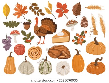 Autumn leaves and pumpkins set isolated white background, thanksgiving elements vector, autumn illustration, hello autumn vector