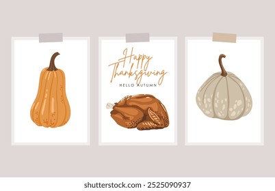 Autumn leaves and pumpkins set isolated white background, thanksgiving elements vector, autumn illustration, hello autumn vector