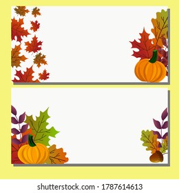 Autumn leaves and pumpkins. A set of two postcards with an autumn theme. Vector illustration. Template for gifts, advertisements, shops, certificates.