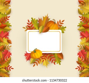 Autumn leaves with pumpkins square border frame background with space text. Seasonal advertising poster template with floral maple oak tree orange leaves for thanksgiving holiday harvest vector design