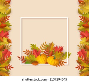 Autumn leaves with pumpkins square border frame background with space text. Seasonal advertising poster template with floral maple oak tree orange leaves for thanksgiving holiday harvest vector design