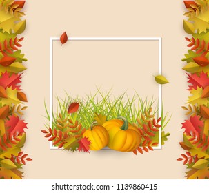 Autumn leaves with pumpkins square border frame background with space text. Seasonal advertising template with floral maple oak tree orange leaves for thanksgiving holiday, harvest vector design.