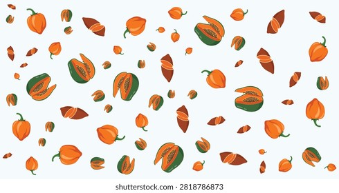Autumn leaves and pumpkins with warm orange brown shades and green highlights scattered across a light background ideal for seasonal decoration