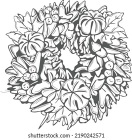 Autumn leaves and pumpkins in a wreath. Vector image
