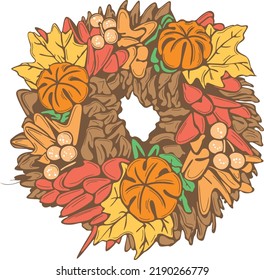 Autumn leaves and pumpkins in a wreath. Vector image