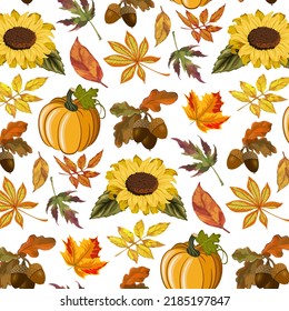 Autumn leaves and pumpkin.Vector seamless pattern with pumpkin, sunflower, acorns and autumn leaves on a transparent background.