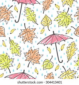 Autumn leaves, rain and umbrella seamless vector pattern. Hand drawn ink outline with artistic colorful hatching. Autumn leaf-fall with raindrops background.