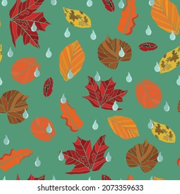 autumn leaves and raindrops, seamless pattern