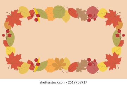 Autumn leaves rectangle frame. Isolated on a peach color background. Yellow, red and other leaves of different trees in the flat style. Design element, template.