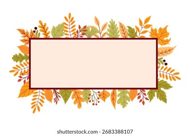 Autumn leaves rectangle frame template. Background with autumn leaves and berries with space for text
