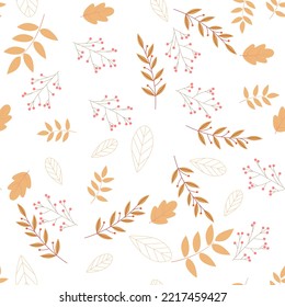 Autumn leaves and red berries on a white background. Vector seamless pattern. For fabric, background, textile, wrapping paper and other decorations.