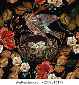 Autumn leaves, red poppies, bird nest and flowering apple tree flowers. Fashion garden style. Seamless pattern. Fall forest. Embroidery design. Template for design of clothes, tapestry