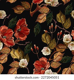 Hojas de otoño, rosas rojas, flores de manzano floridas. Estilo jardín de moda. Patrón sin foco. Bosque otoñal. Diseño de bordado. Plantilla para el diseño de ropa, tapicería