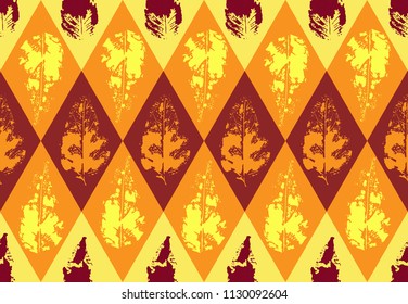 Autumn leaves and rhombuses. Pattern.