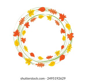 Autumn leaves. Round frame, floral border, inscription Back to School. Hand lettering, banner. Day of Knowledge. Illustration, isolated background.