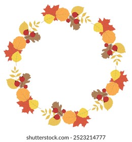 Autumn leaves round frame. Isolated on a white background. Yellow, red  leaves and red berries in the flat style. Design element with copy space for your text. 