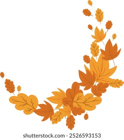 Autumn Leaves Round Frame. Leaf falling swirls border. Flat doodle fall cartoon element. Vector illustration isolated on transparent background