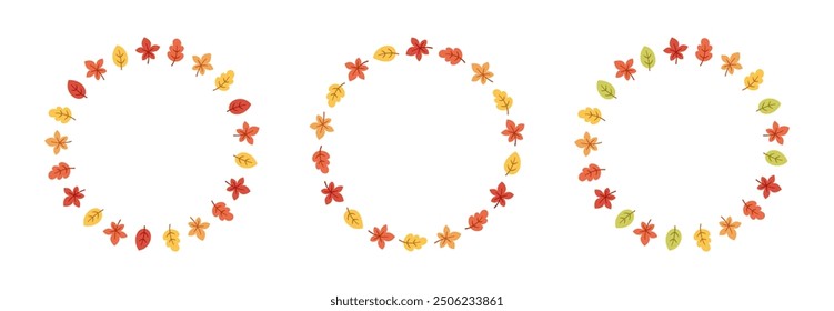 Autumn leaves round frame set. Wreath of fall elements, Halloween, Thanksgiving border template. Vector illustration.