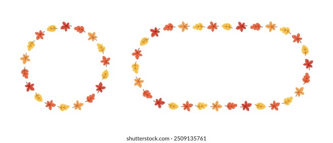 Autumn leaves round frame set. Wreath of fall elements, Halloween, Thanksgiving border template. Vector illustration.