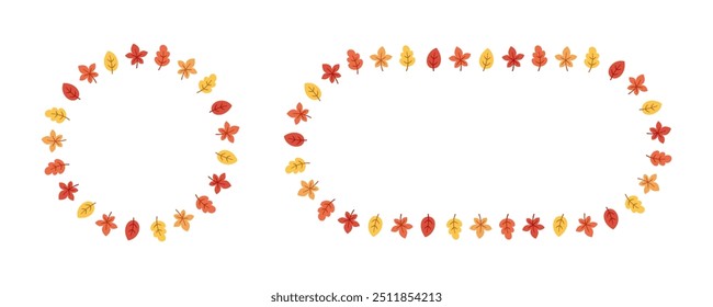 Autumn leaves round frame set. Wreath of fall elements, Halloween, Thanksgiving border template. Vector illustration.