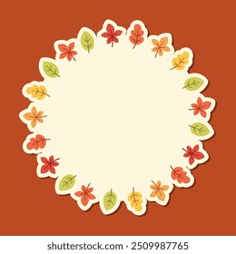 Autumn leaves round frame. Wreath of fall leaves, Halloween, Thanksgiving border template. Vector illustration.