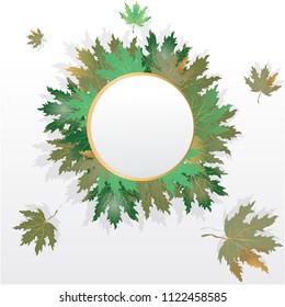 Autumn leaves round  label ,with falling leafs circle frame for print and web sale banner and poster blank vector illustration .